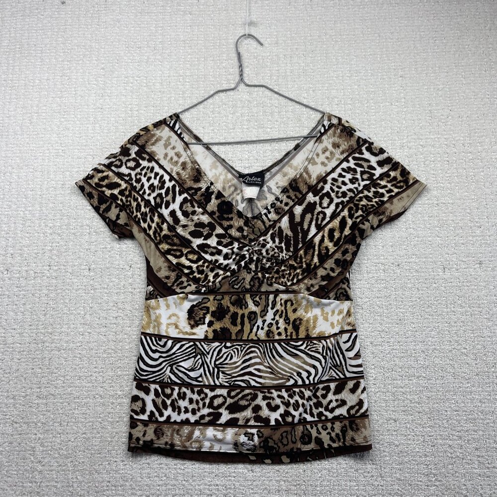 Y2K Artex Artsy Glam Top Shirt Sz M Animal Print Ruched V-Neck Canada Made